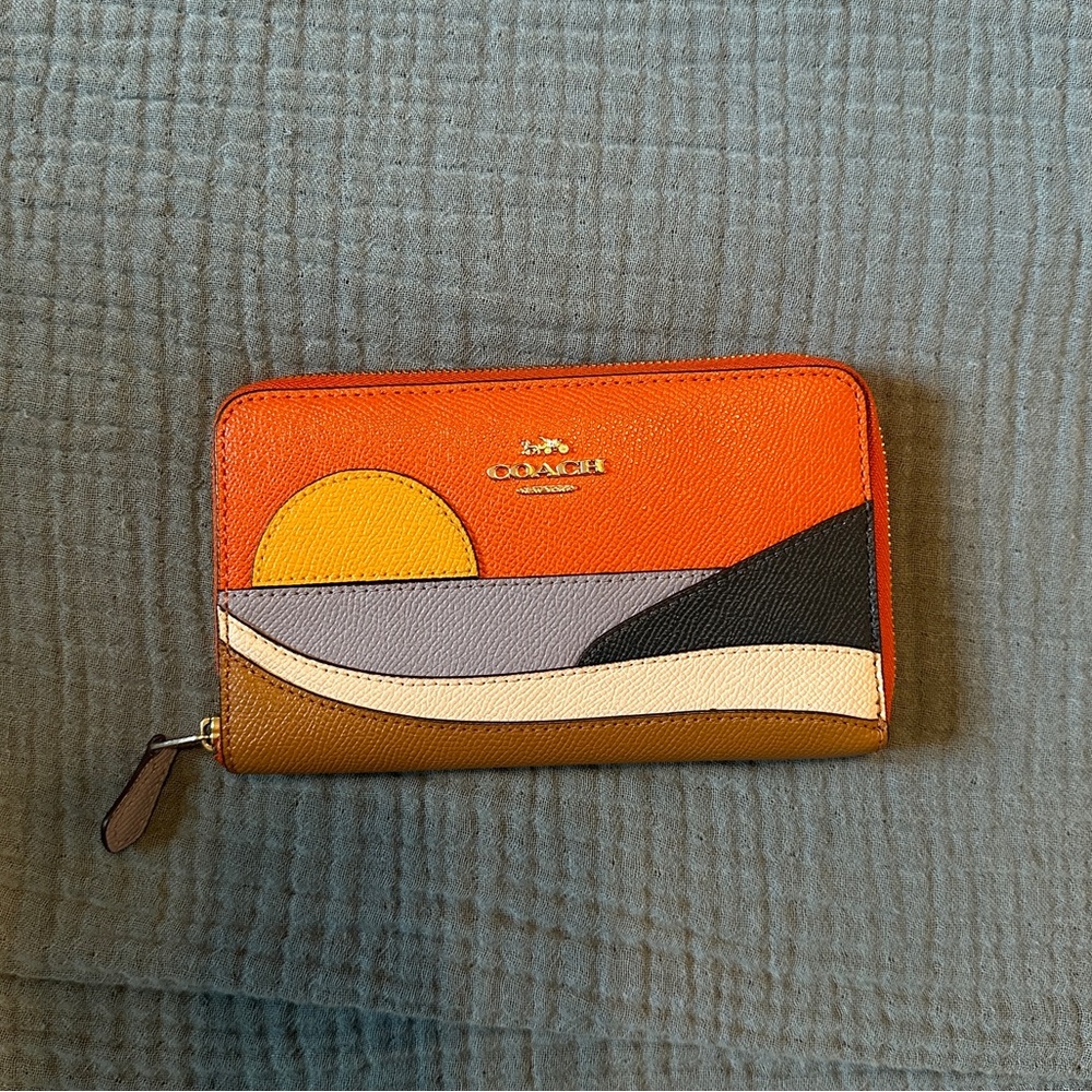 Coach Medium ID Zip Wallet with Beach Postcard in orange